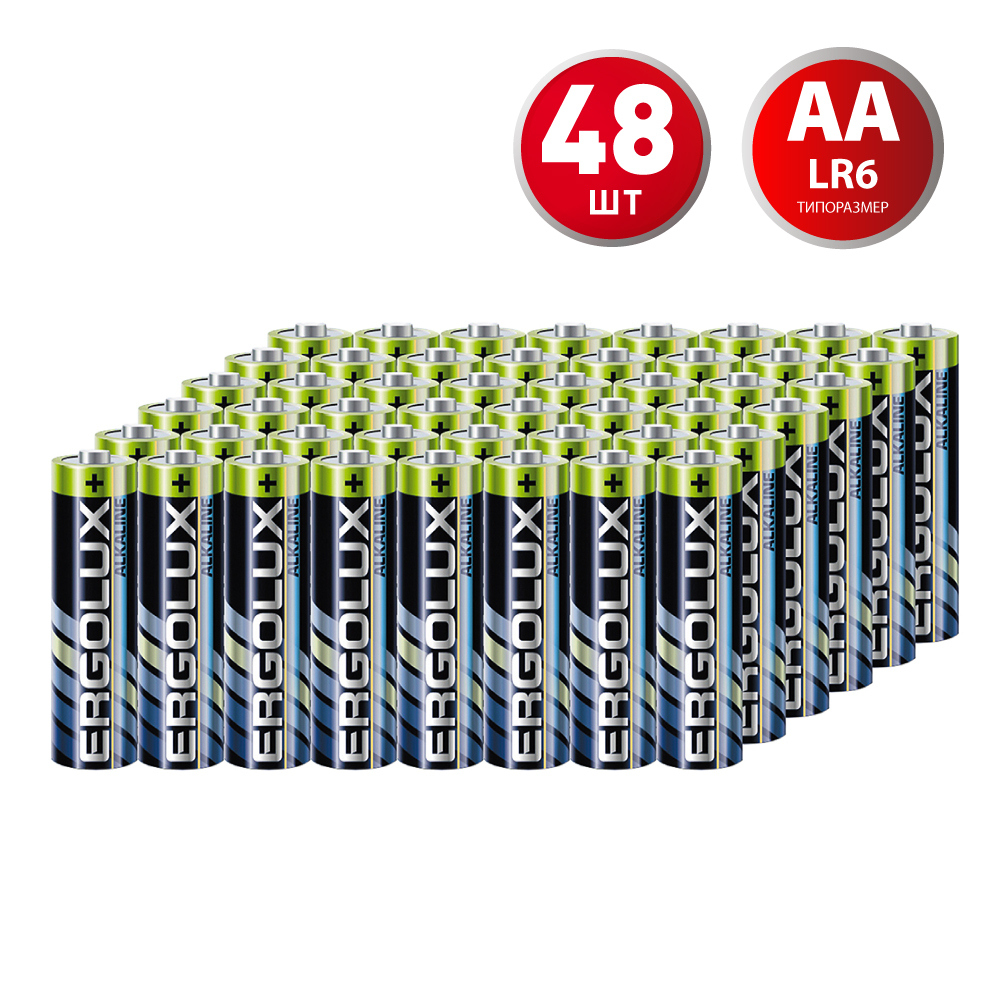 Батарейка Ergolux Alkaline (LR6 BP8) АА пальчиковая LR6 1,5 В (48 шт.) батарейка ergolux аа lr06 lr6 alkaline алкалиновая блистер 24 шт 14212