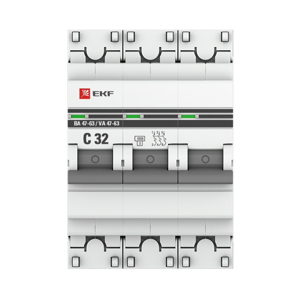 фото Автоматический выключатель ekf proxima ва 47-63 3р 32а тип c 4,5 ка 400 в на din-рейку (mcb4763-3-32c-pro)