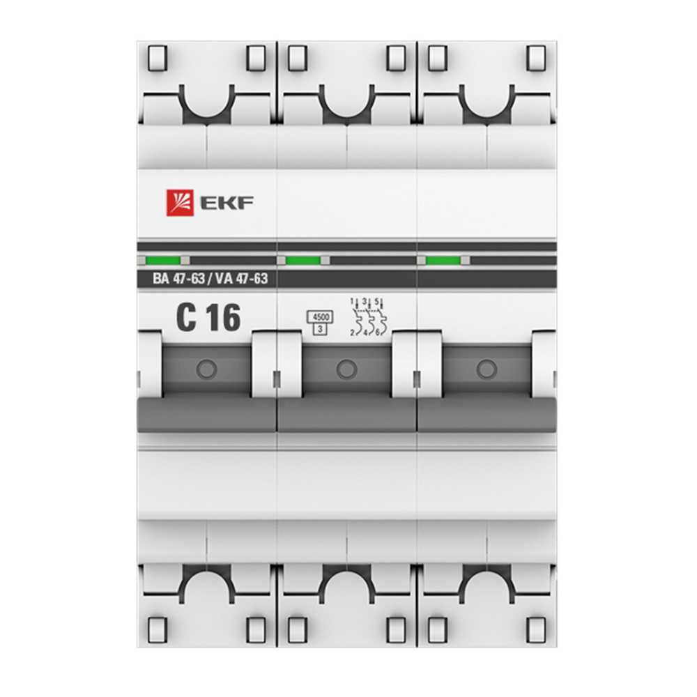 фото Автоматический выключатель ekf proxima ва 47-63 3р 16а тип c 4,5 ка 400 в на din-рейку (mcb4763-3-16c-pro)