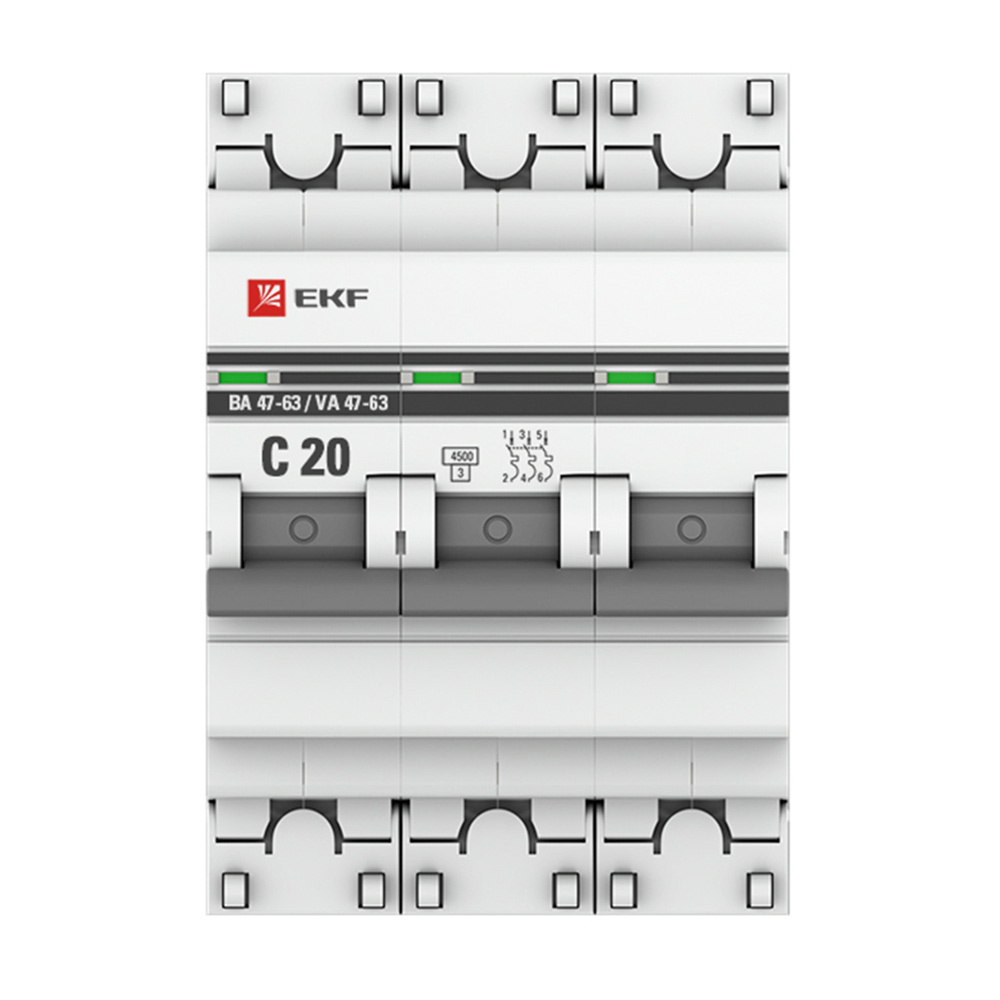 фото Автоматический выключатель ekf proxima ва 47-63 3р 20а тип c 4,5 ка 400 в на din-рейку (mcb4763-3-20c-pro)