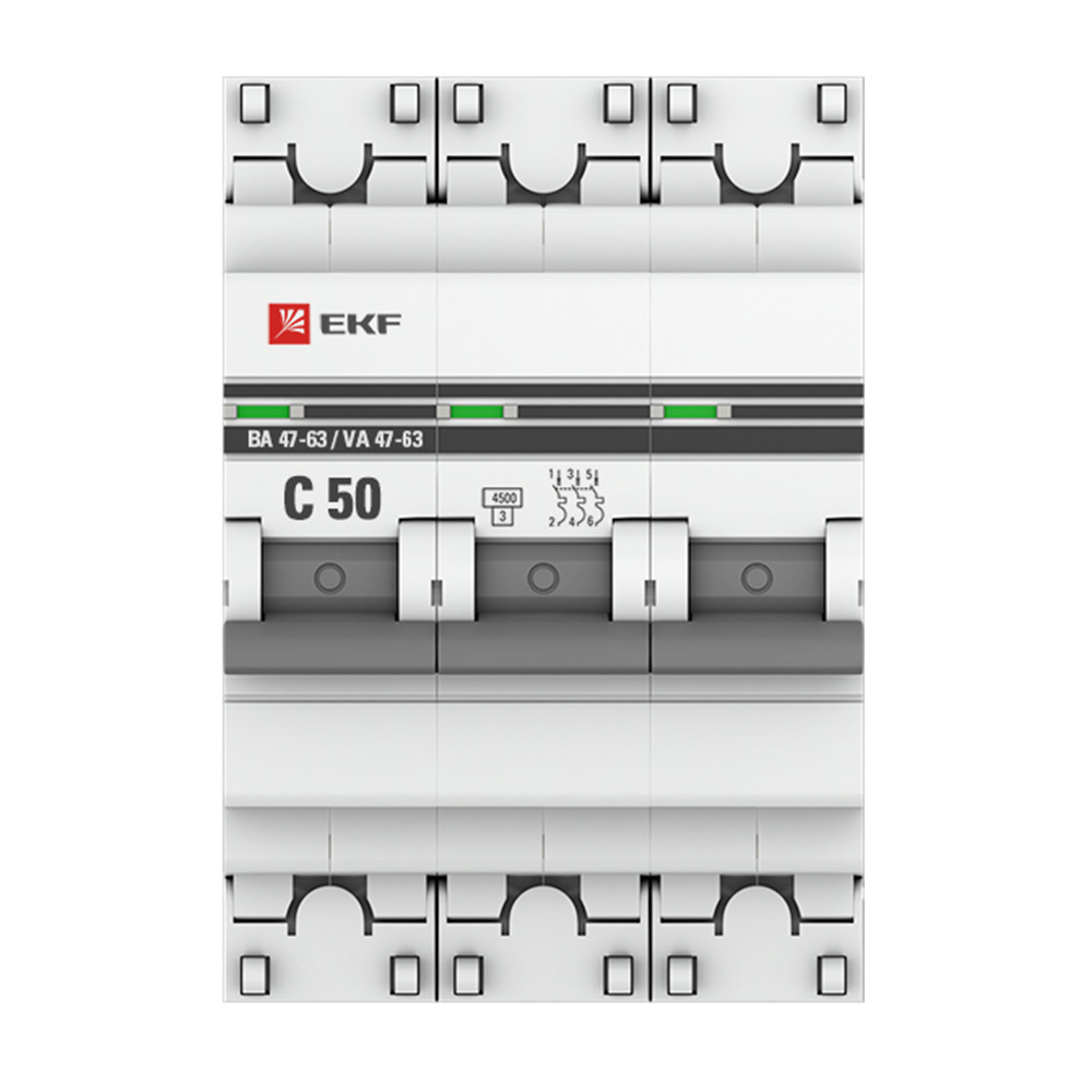 фото Автоматический выключатель ekf proxima ва 47-63 3р 50а тип c 4,5 ка 400 в на din-рейку (mcb4763-3-50c-pro)