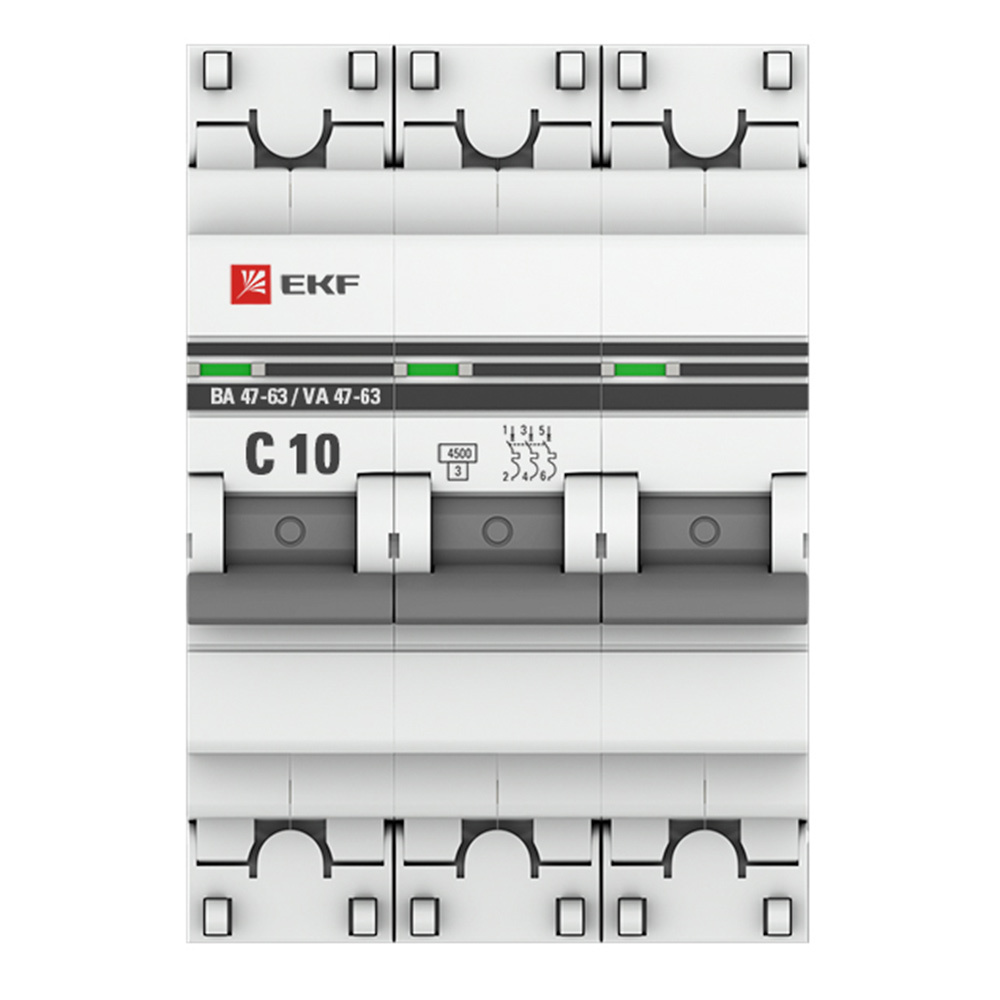 фото Автоматический выключатель ekf proxima ва 47-63 3р 10а тип c 4,5 ка 400 в на din-рейку (mcb4763-3-10c-pro)