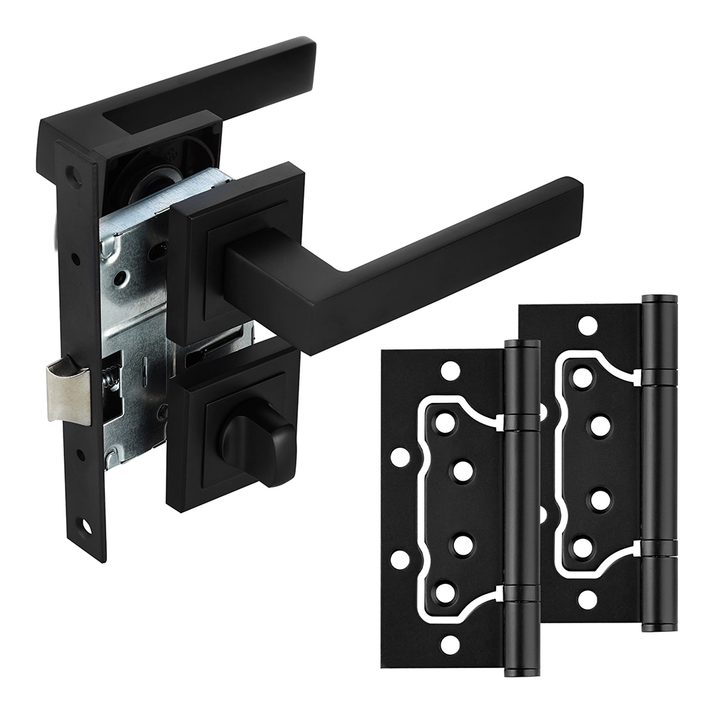 Комплект фурнитуры для двери Corsa Deco Clover с замком петлями и фиксатором квадратная розетка черный (990305)