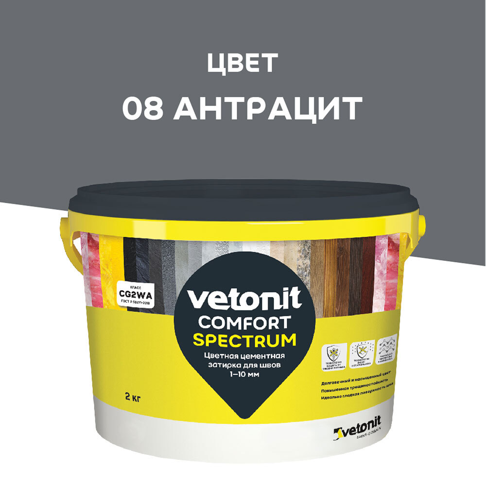 Затирка цементная Vetonit Comfort Spectrum 08 антрацит 2 кг затирка цементная vetonit comfort spectrum 01 белый 2 кг