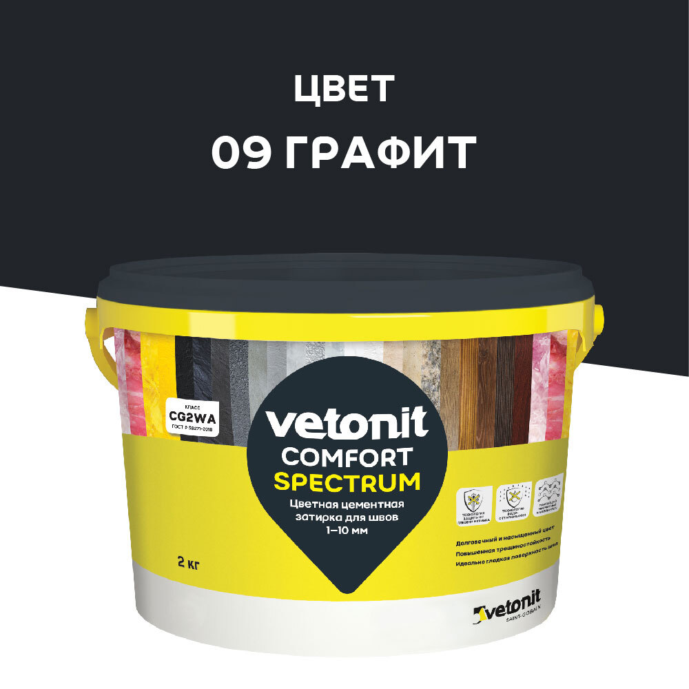 Затирка цементная Vetonit Comfort Spectrum 09 графит 2 кг цветная цементная затирка vetonit comfort spectrum 09 графит черный 2 кг