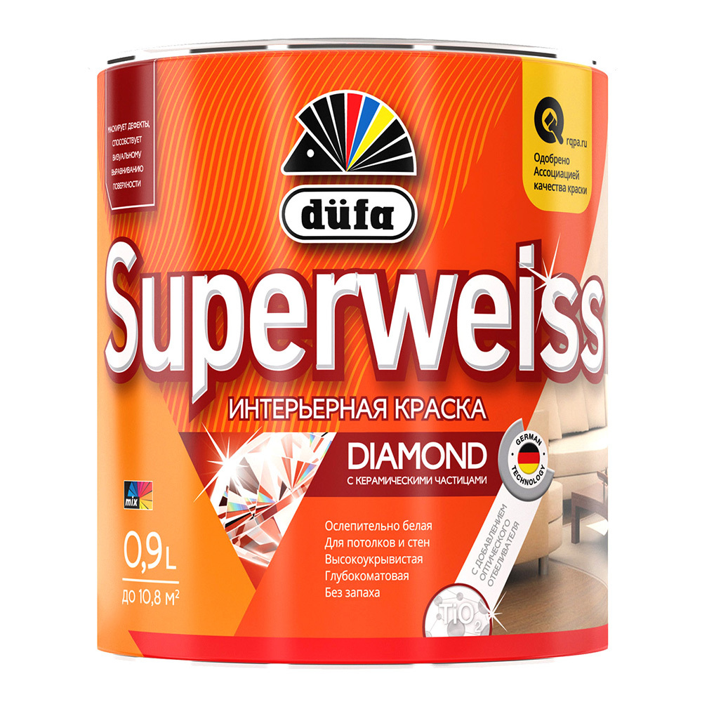 Краска интерьерная Dufa Superweiss RD4 база 1 белая 0,9 л dufa retail вд краска superweiss plus база 1 10л мп00 004745
