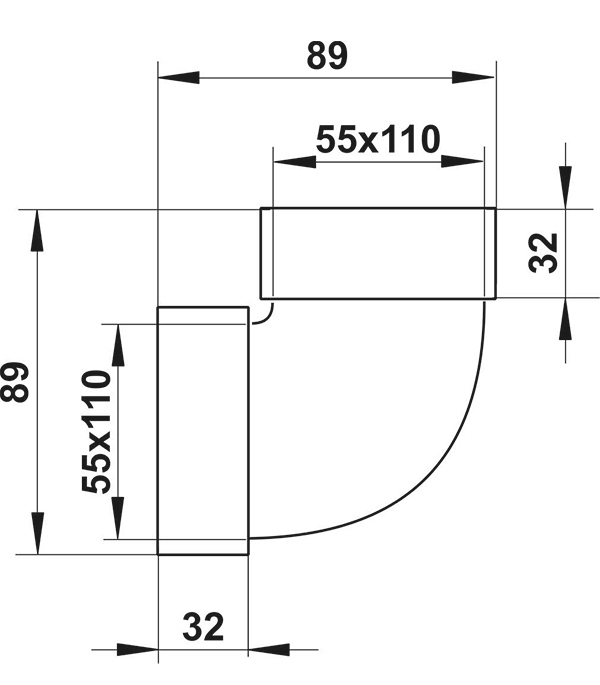 Колено вертикальное пластиковое для плоских воздуховодов 55х110 мм 90° Вид№3