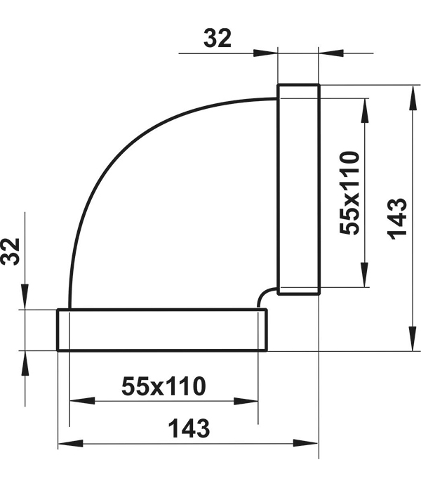 Колено горизонтальное пластиковое для плоских воздуховодов 55х110 мм 90° Вид№3