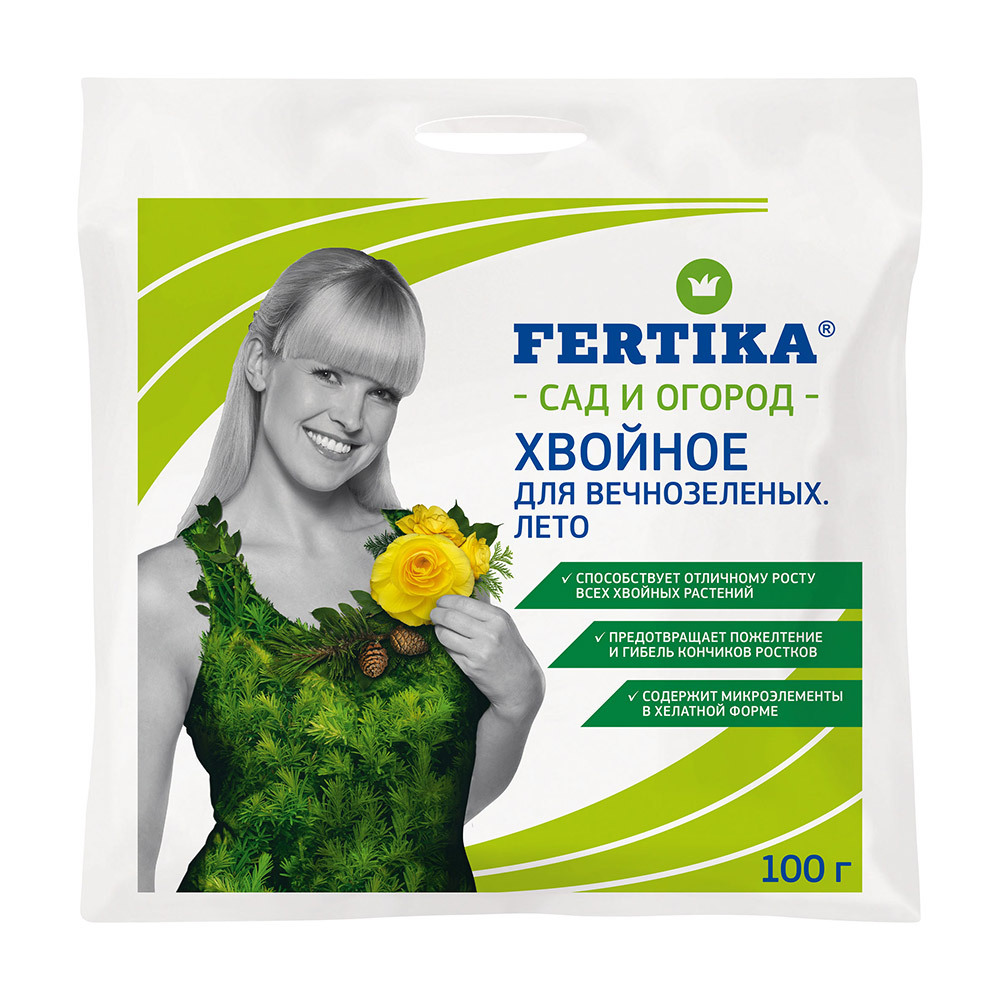 Удобрение сухое для вечнозеленых минеральное гранулированное Хвойное Fertika 100 г водорастворимое удобрение fertika хвойное 2л