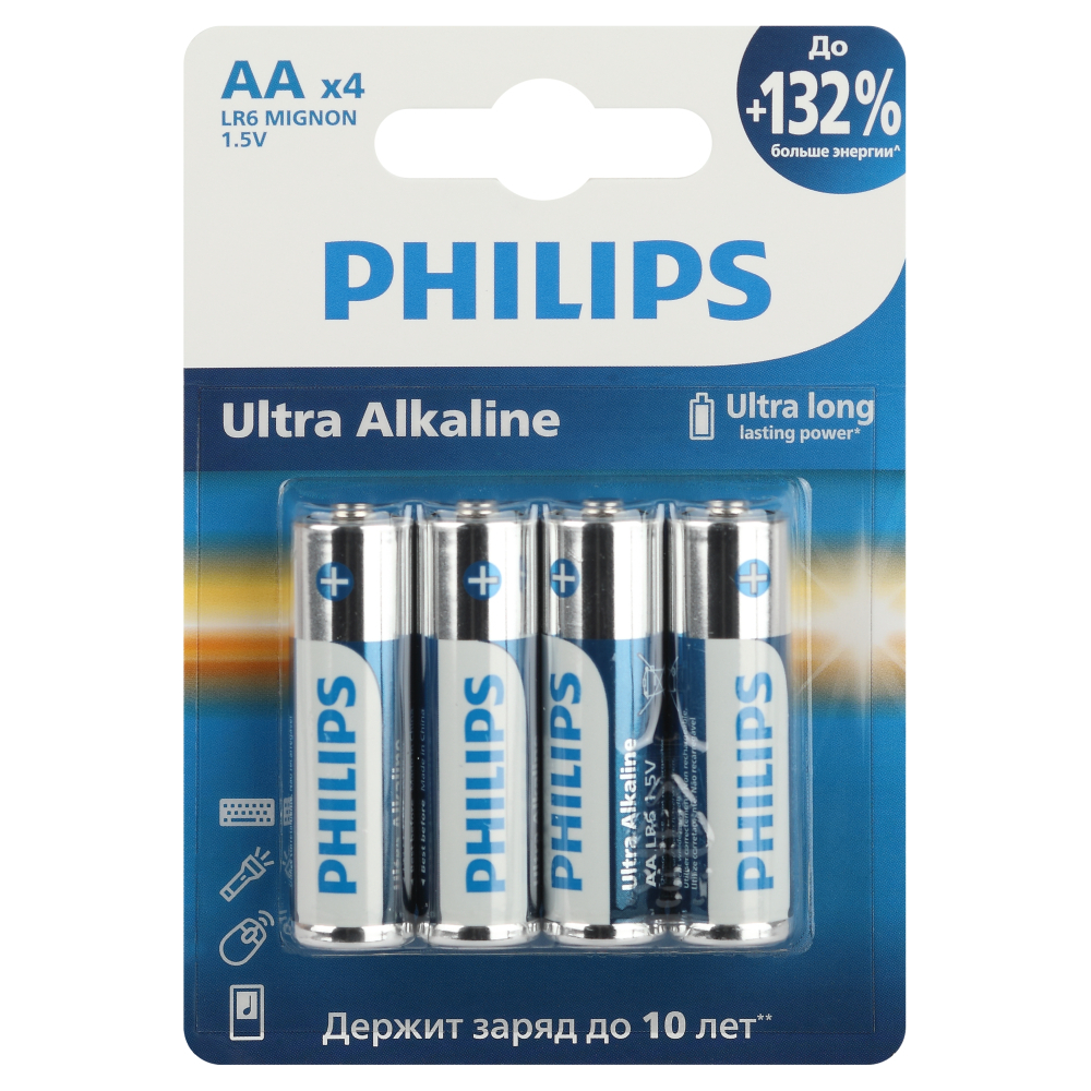 Батарейка Philips Ultra (Б0062694) АА пальчиковая LR6 1,5 В (4 шт.) батарейка navigator аа пальчиковая lr6 1 5 в 4 шт