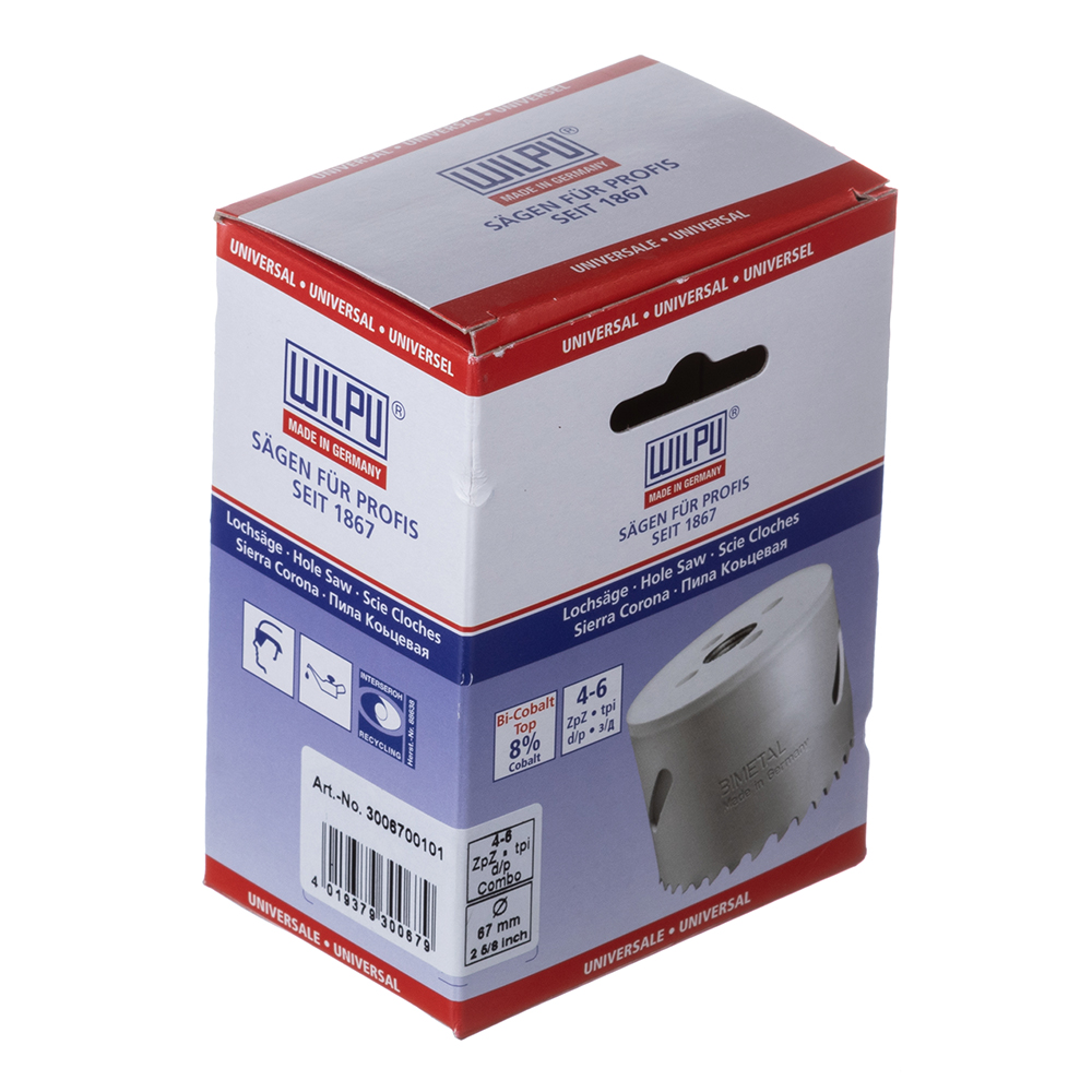 

Коронка биметаллическая Wilpu (30067 00101) универсальная d67 мм крупный зуб