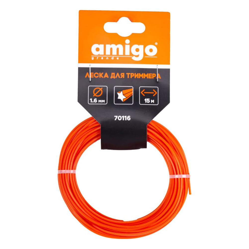 Леска для триммера Amigo звезда 1,6 мм х 15 м оранжевая (70116) леска для триммера plastiq round 2 0mm x 20m