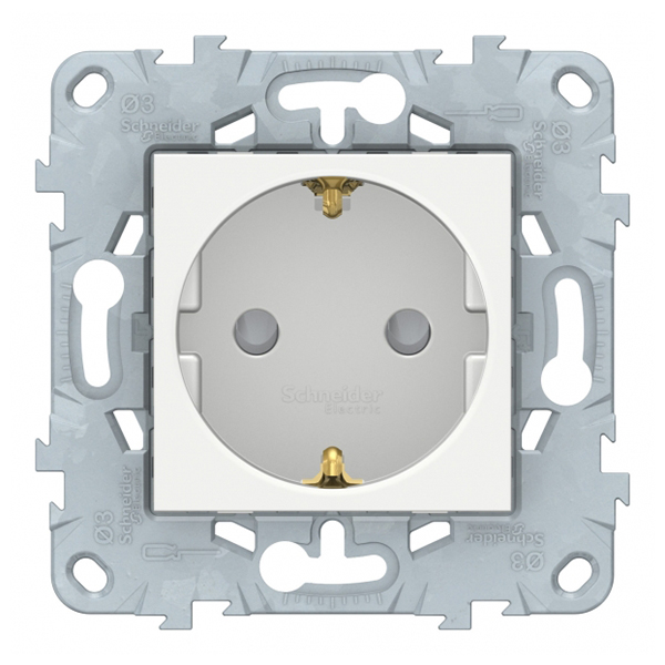 фото Розетка schneider electric unica new nu503718 скрытая установка белая с заземлением со шторками винтовой зажим
