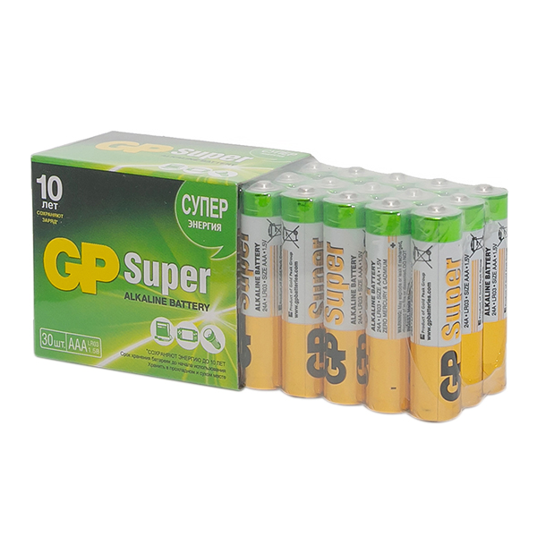 Батарейка GP Batteries Super (GP 24A-2CRVS30) AAA мизинчиковая LR03 1,5 В (30 шт.) батарейки gp super эконом aaa lr03 24a gp24ars 2sb4 алкалин 4шт уп