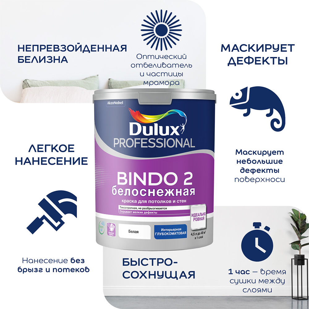 Краска для потолка Dulux Bindo 2 белая 9 л Вид№2