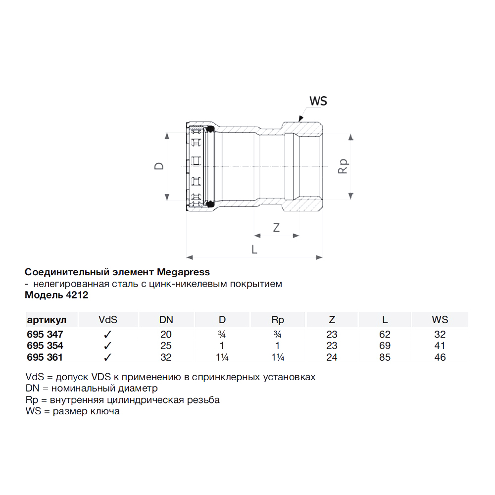 фото Муфта viega megapress sc-contur (695354) 1 вр(г) dn25 пресс нелегированная сталь с цинко-никелевым покрытием