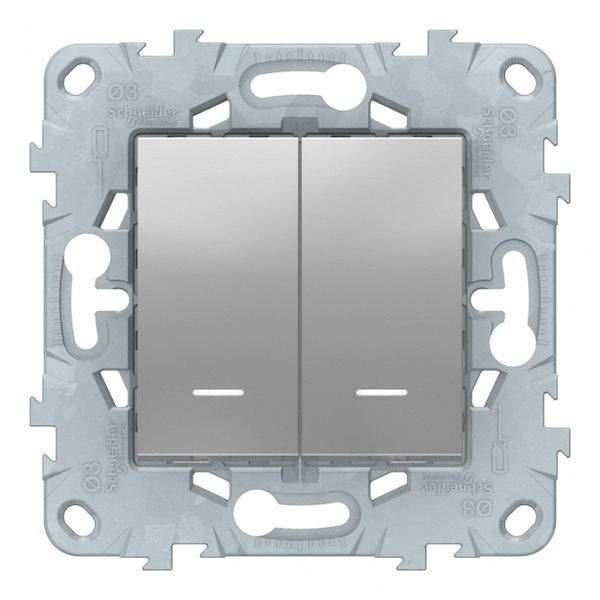 фото Выключатель schneider electric unica new nu521130n двухклавишный скрытая установка алюминий с подсветкой