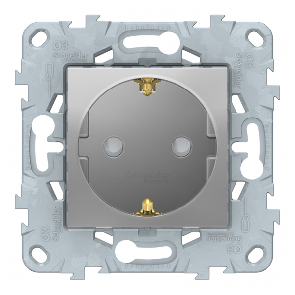 фото Розетка schneider electric unica new nu505730 скрытая установка алюминий с заземлением со шторками с быстрозажимными клеммами