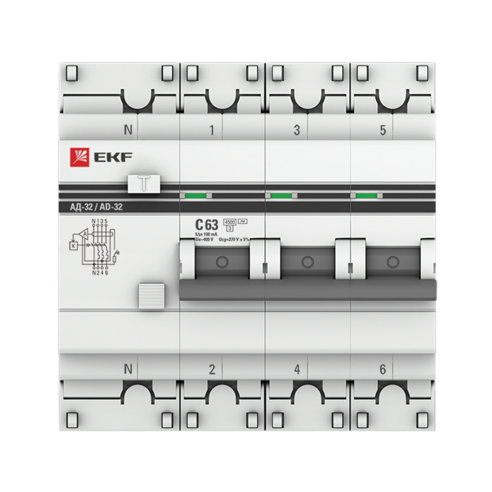 Автомат дифференциальный EKF PROxima 63А 100 мА 3P+N тип AC 4,5 кА (DA32-63-100-4P-pro) устройство автоматического ввода резерва авр 3п 100 63а тсм proxima ekf ats tsm 63a 3p pro