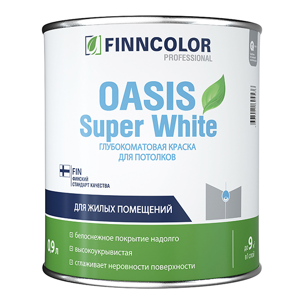 фото Краска водно-дисперсионная для потолка finncolor oasis super white белая 0,9 л