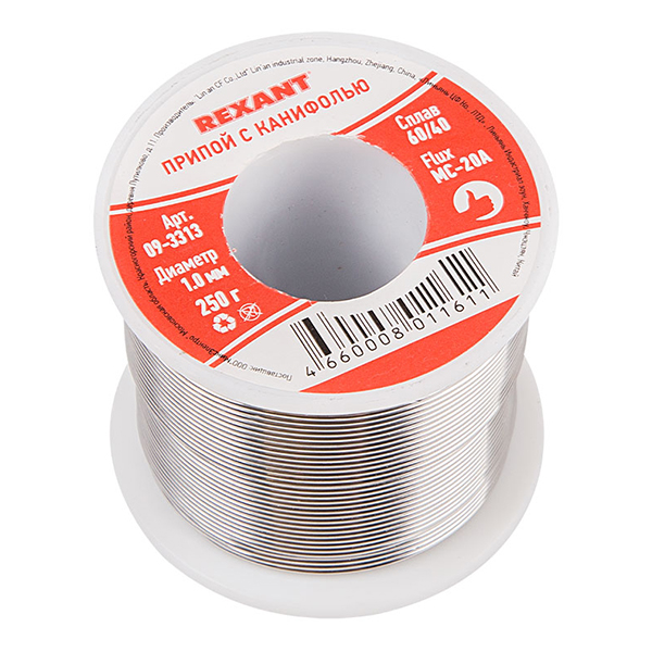 

Припой Rexant (09-3313) d1 мм Sn60 Pb40 Flux 2.2 % с канифолью 250 г