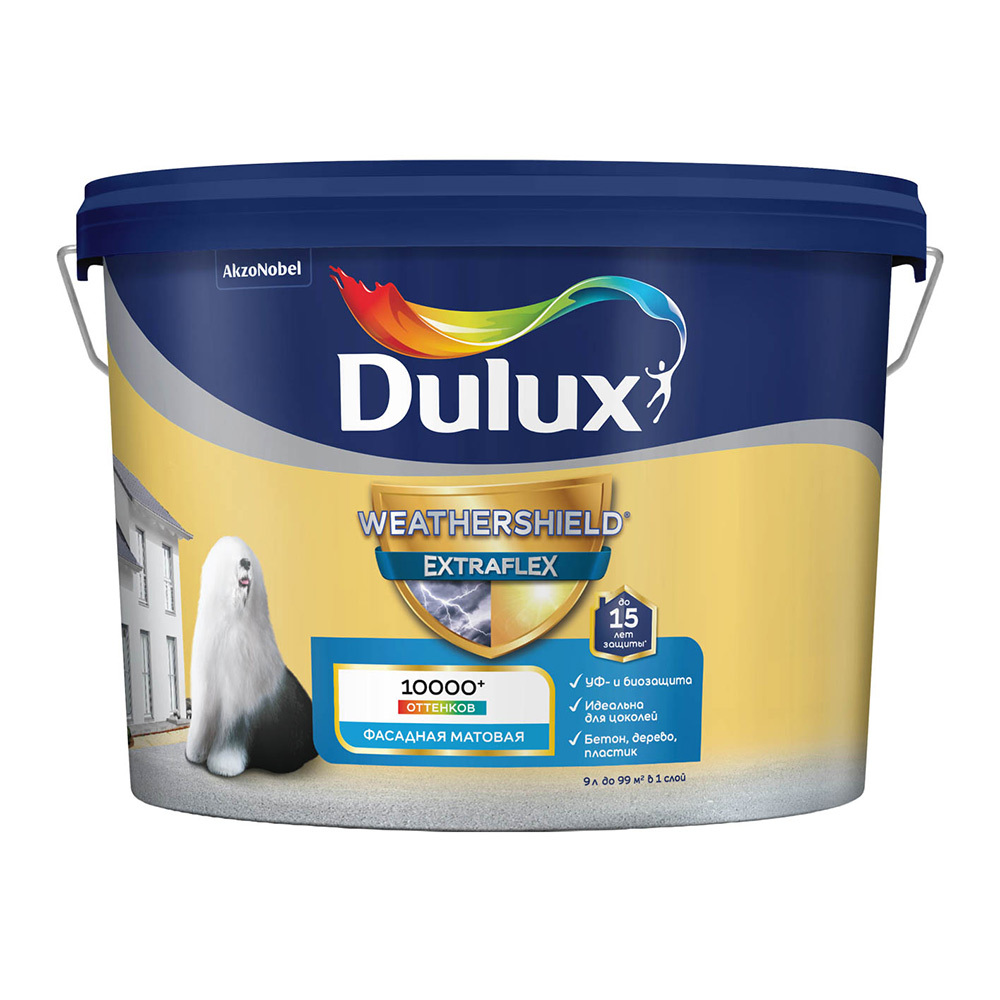 фото Краска фасадная dulux weathershield extraflex эластичная акриловая база bw белая 9 л