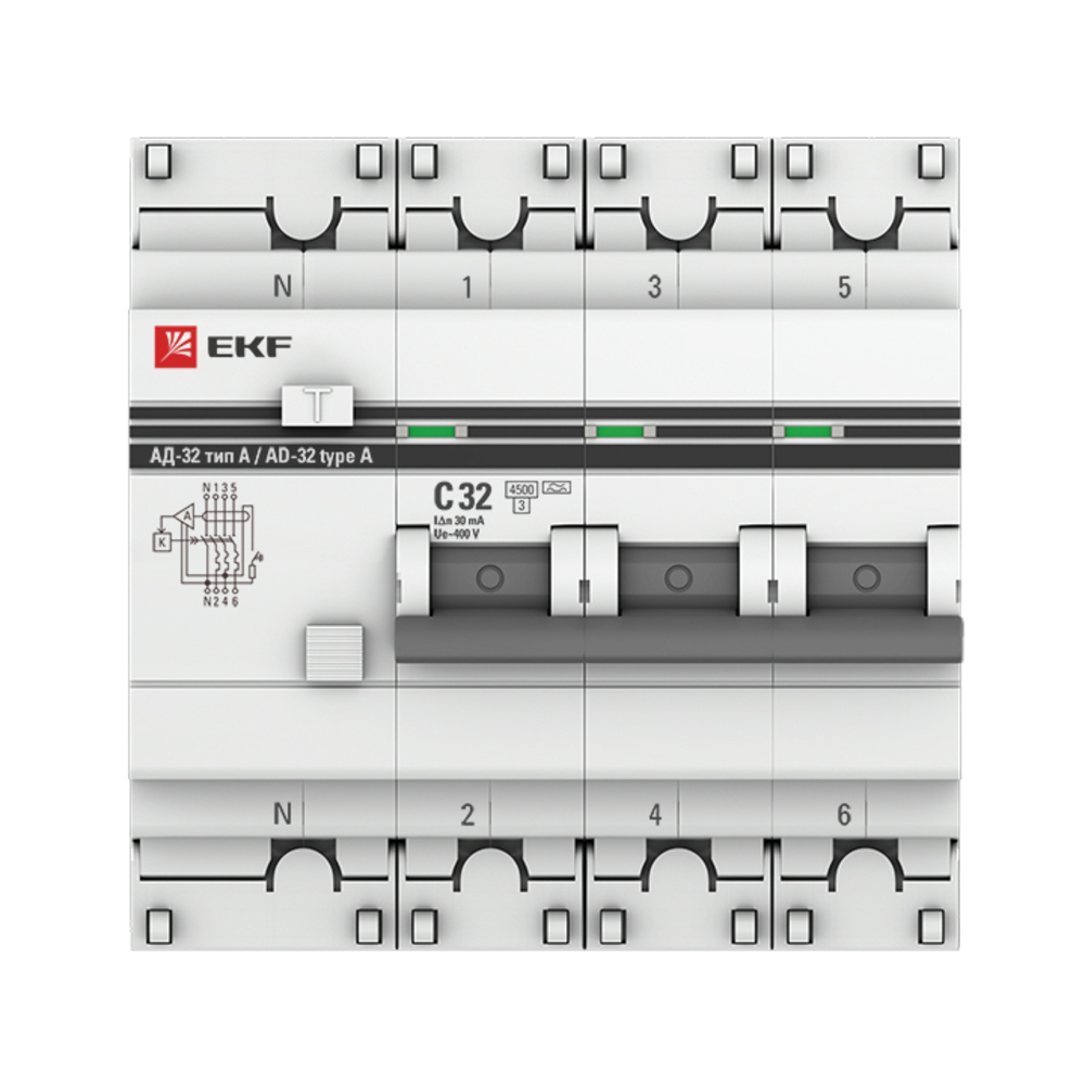 Автомат дифференциальный EKF PROxima АД-32 32А 30 мА 3P+N тип A 4,5 кА (DA32-32-30-4P-a-pro)