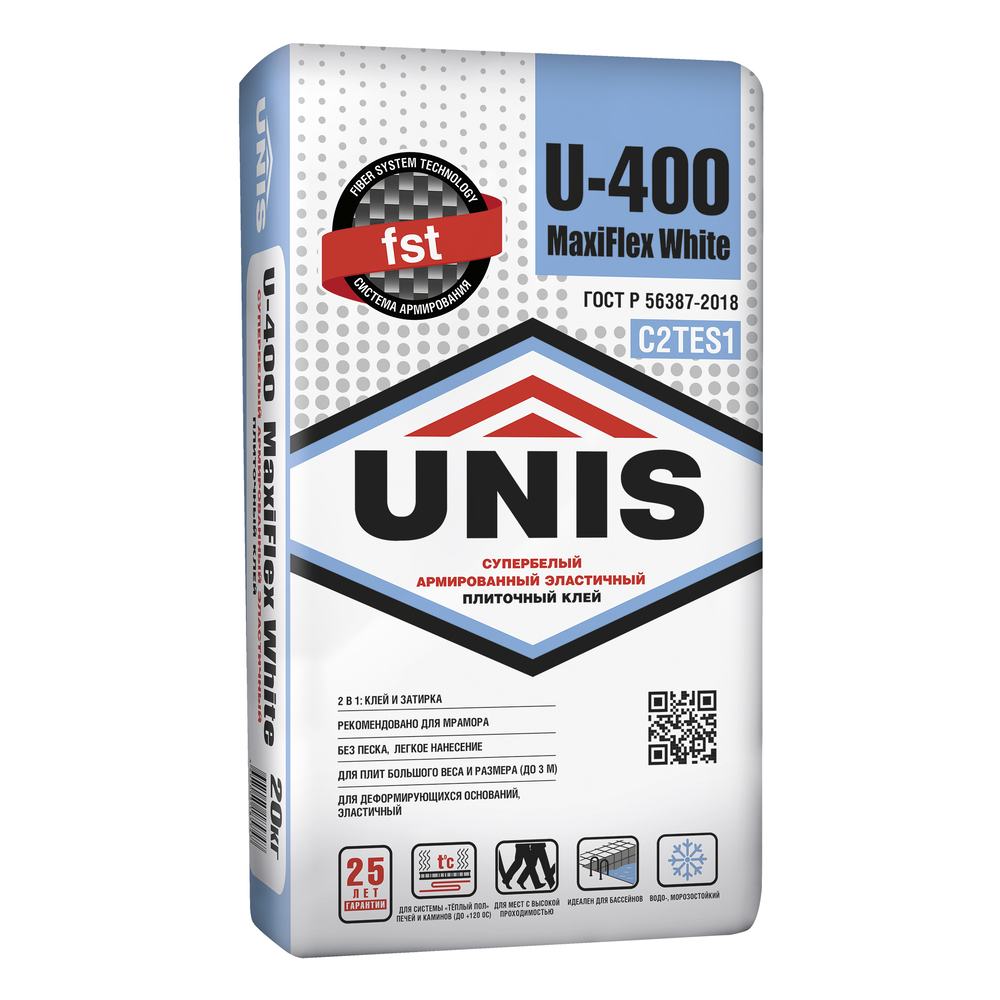 фото Клей для плитки/ керамогранита/ камня unis maxiflex u-400 эластичный армированный белый класс c2 te s1 20 кг