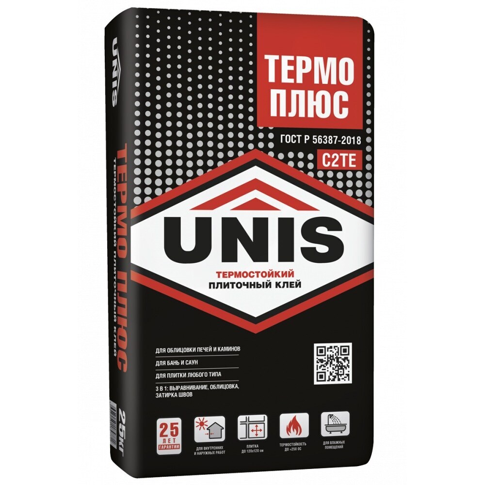 фото Клей для плитки и керамогранита unis термоплюс термостойкий серый класс c2 te 25 кг