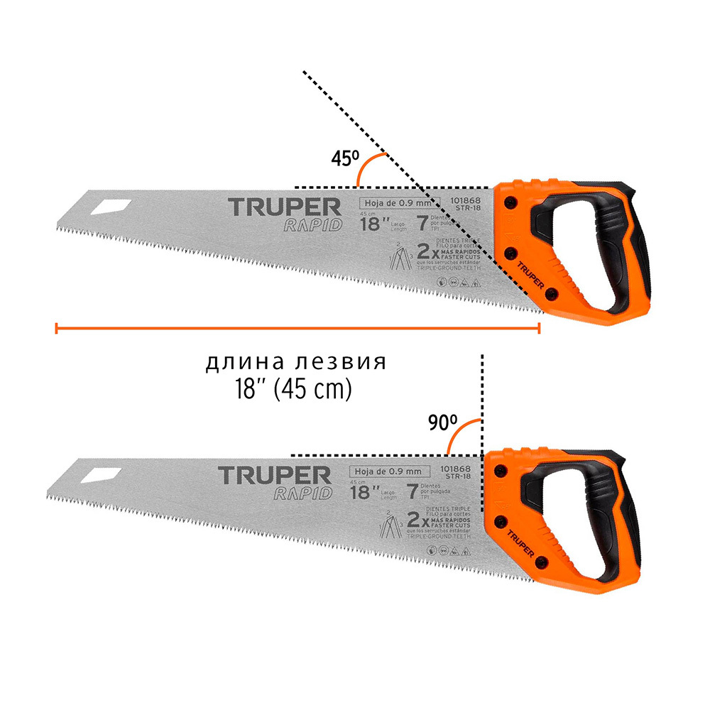 Ножовка по дереву Truper 450 мм 7 зуб/дюйм средний зуб Вид№2