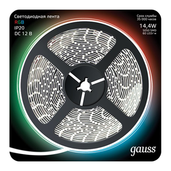 фото Лента светодиодная smd 5050 gauss 14,4 вт 12 в ip20 5 м rgb