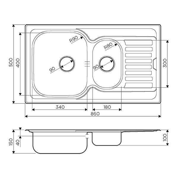 фото Мойка кухонная omoikiri kashiogawa 86-2 in 860х500х150/100 мм врезная прямоугольная с двумя чашами сталь