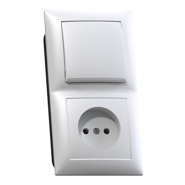 

Блок выключателя с розеткой с рамкой Кунцево-Электро Селена 8200 вертикальный одноклавишный скрытая установка белый без заземления IP20