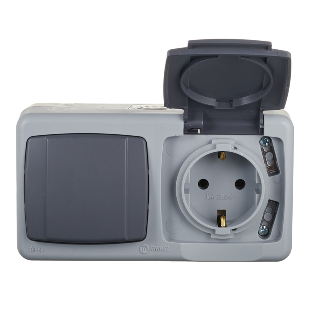 фото Блок выключателя с розеткой makel 36064202 одноклавишный открытая установка серый с заземлением ip55