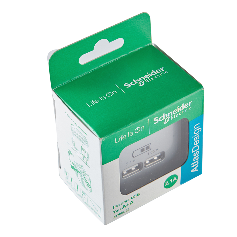 фото Розетка usb schneider electric atlas design atn000333 скрытая установка алюминий два модуля usb