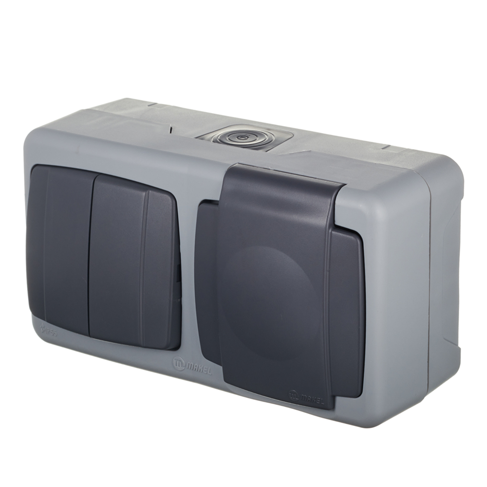 фото Блок выключателя с розеткой makel 36064203 двухклавишный открытая установка серый с заземлением ip55
