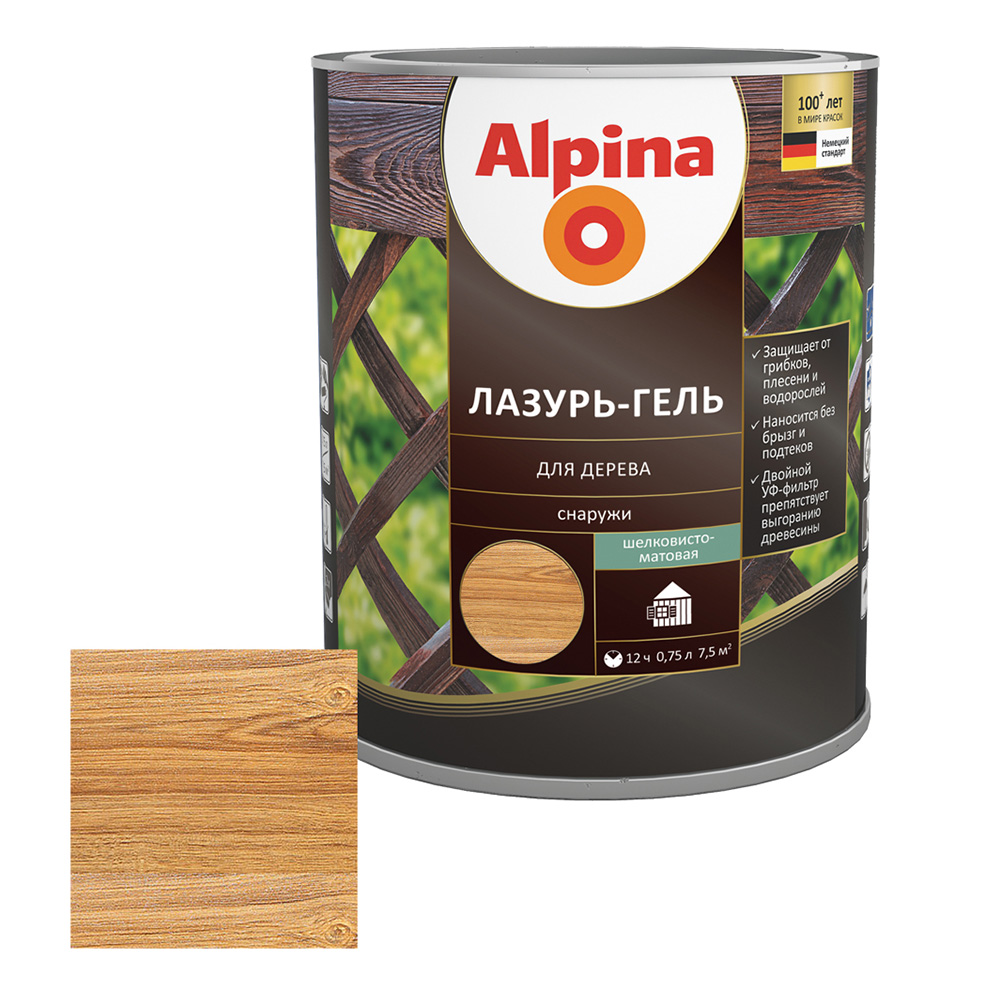 фото Антисептик alpina лазурь-гель декоративный для дерева орех 0,75 л