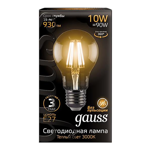 Лампа светодиодная Gauss Filament 10 Вт E27 филаментная груша А60 2700 К теплый свет 185-265 В прозрачная (10 шт.) от Петрович