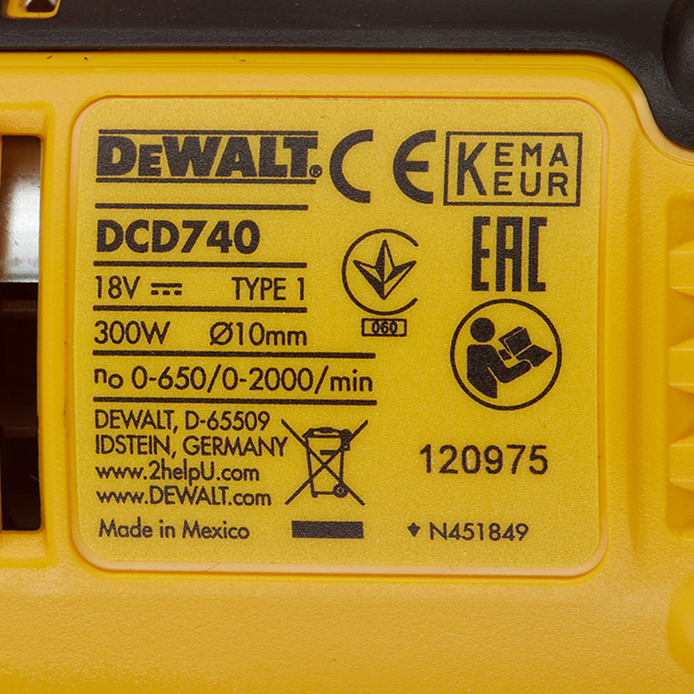 Дрель-шуруповерт аккумуляторная угловая DeWalt DCD740N-XJ 18В Li-Ion без АКБ и ЗУ