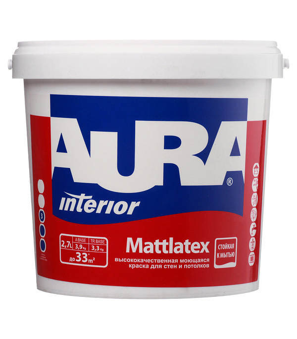 

Краска моющаяся Aura Interior Mattlatex база А белая 2,7 л, Белый