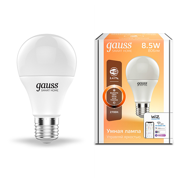 Лампа светодиодная Gauss Smart Home (1050112) 8,5 Вт E27 груша А60 2700К теплый белый свет 220 В матовая диммируемая