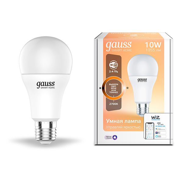 Лампа светодиодная Gauss Smart Home (1070112) 10 Вт E27 груша А60 2700К теплый белый свет 220 В матовая диммируемая