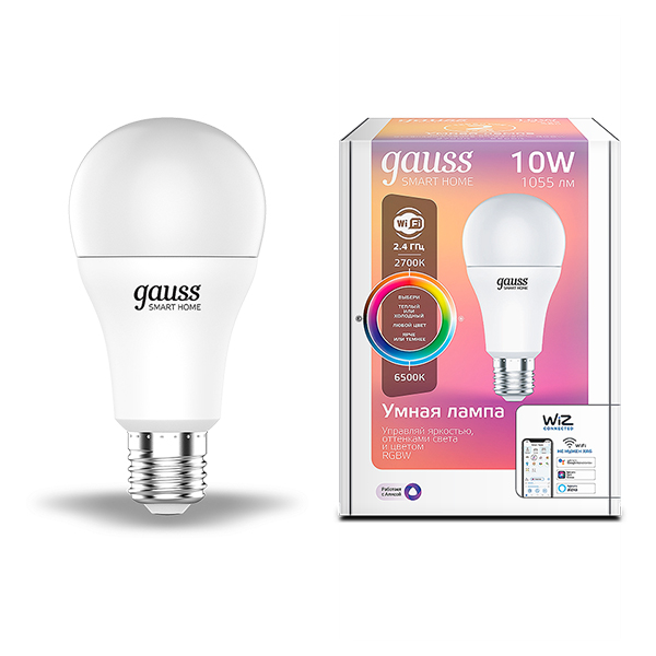 Лампа светодиодная Gauss Smart Home (1180112) 10 Вт E27 груша А60 2700-6500К теплый/холодный белый свет 220 В матовая RGBW