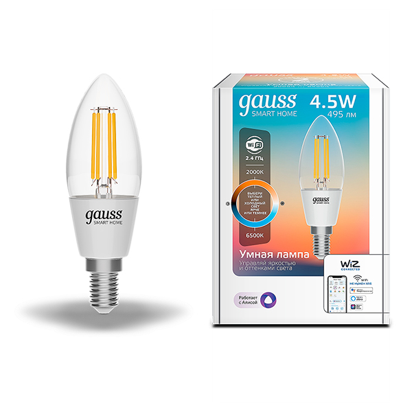 Лампа светодиодная Gauss Smart Home (1250112) 4,5 Вт E14 филаментная свеча 2000-6500К теплый/холодный белый свет 220 В прозрачная диммируемая