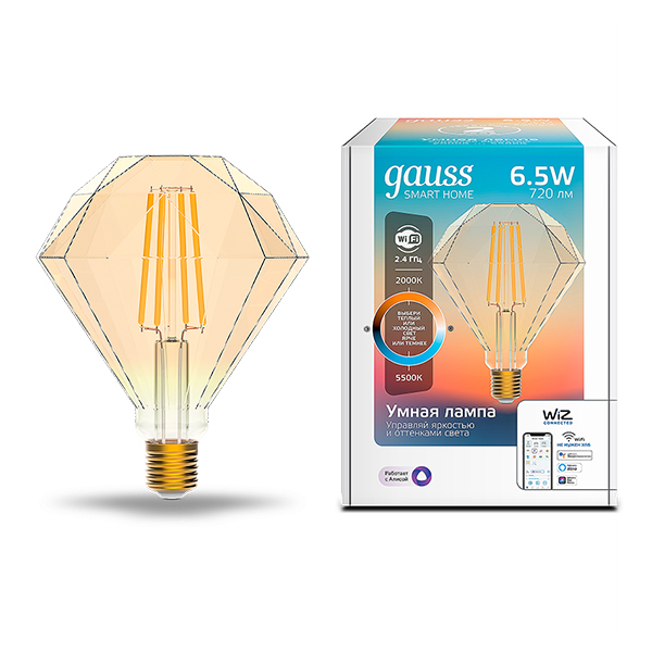 фото Лампа светодиодная gauss filament 6,5 вт е27 филаментная кристалл 2000-5500 к теплый/холодный белый свет 220 в прозрачная декоративная диммируемая