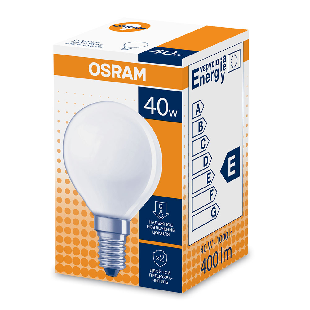 Лампа накаливания Osram CLAS P FR 40 Вт E14 шар 400 Лм 2700К теплый свет 230 В матовая