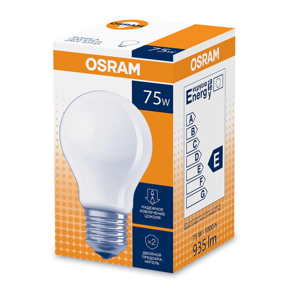 фото Лампа накаливания osram clas a55 fr 75 вт e27 груша 2700 к теплый белый свет 220 в матовая