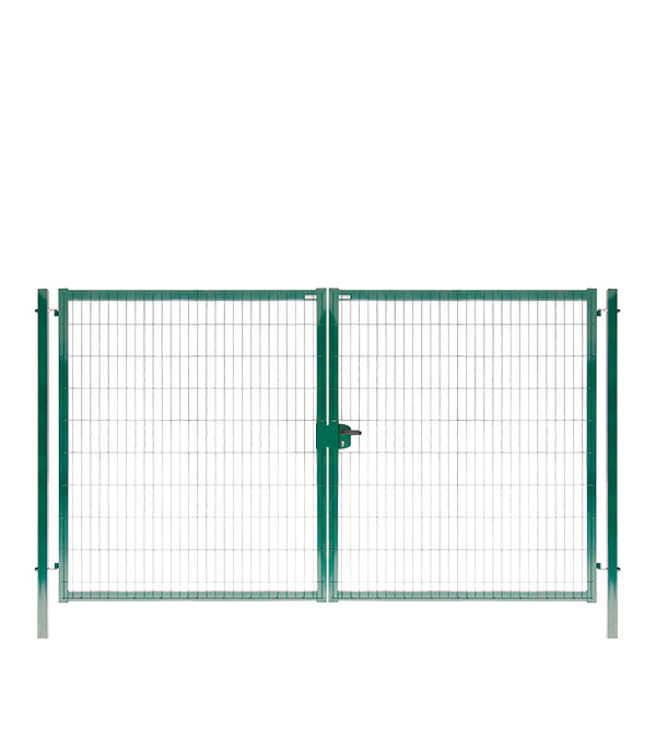 Ворота распашные с панелью 3D и столбами 3,5х2,03 м зеленые RAL 6005