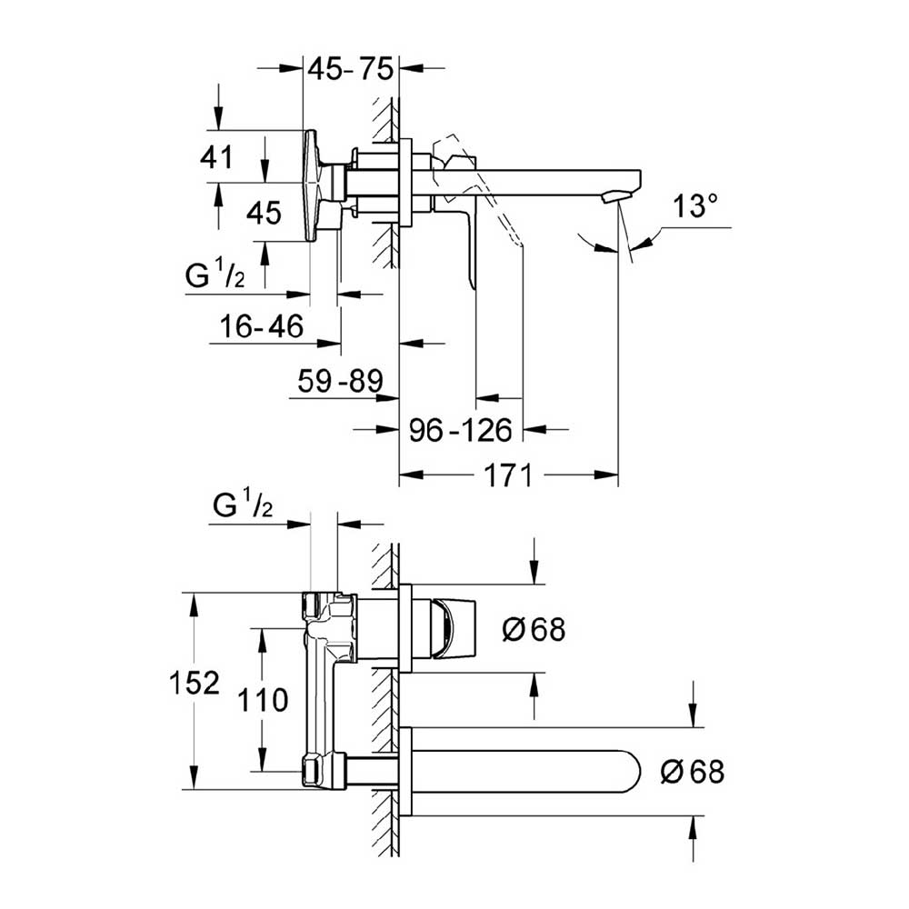 

Смеситель для умывальника GROHE BauEdge 20474000 однорычажный настенный со встроенной частью в комплекте, Хром