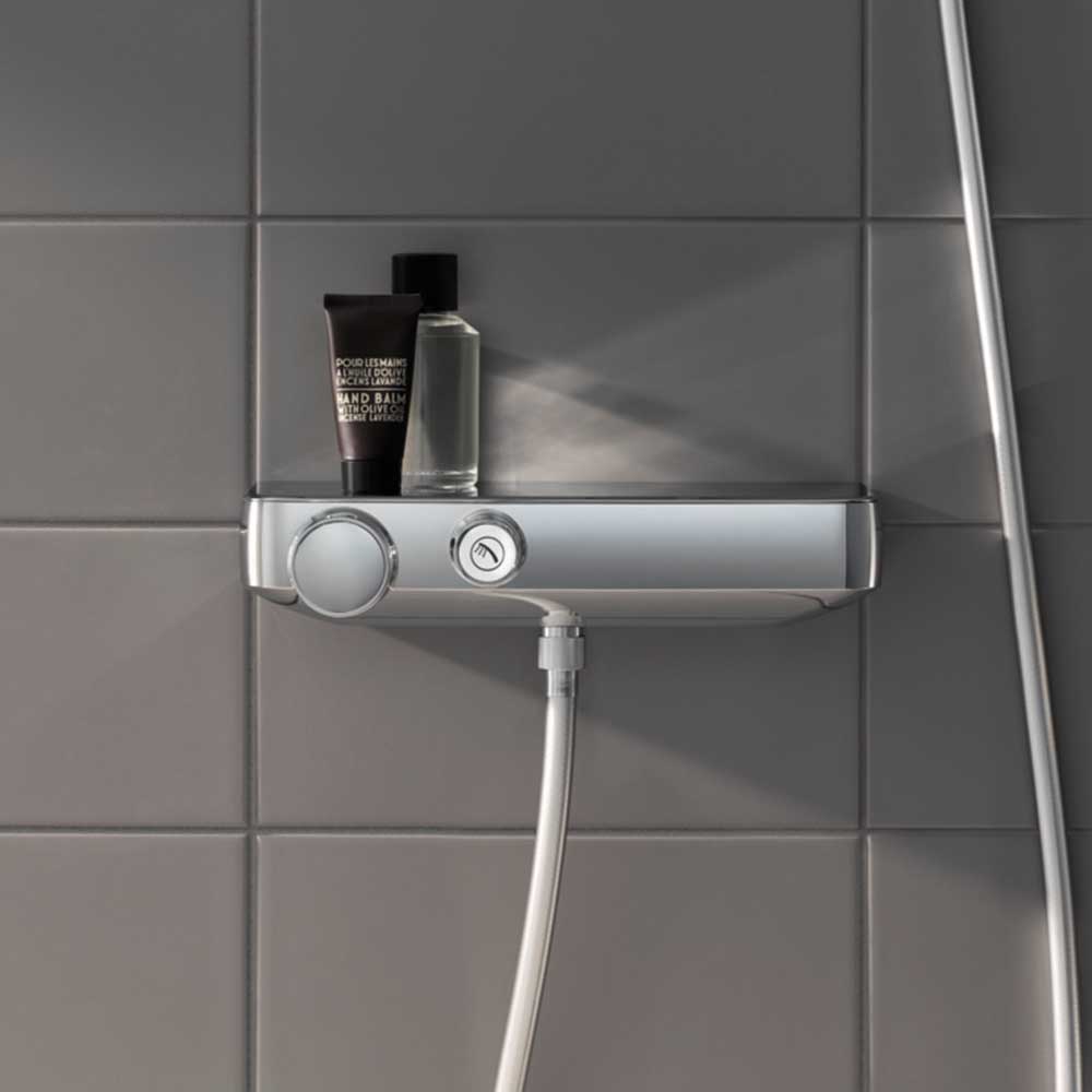 фото Смеситель для душа без излива grohe grohtherm smartcontrol 34719000 с полочкой с термостатом без лейки